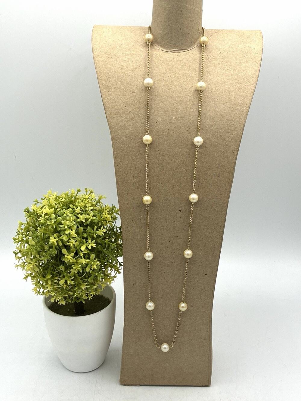 Vintage Sarah Coventry Faux Pearl Station Necklace 36” Long Gold Tone Chain
